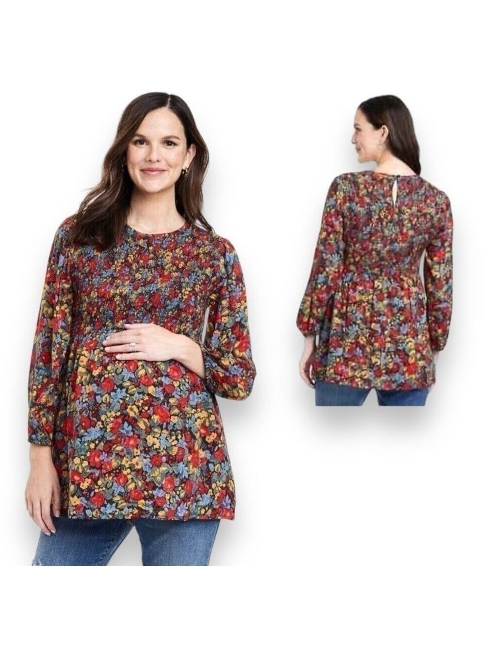 Maternity Long Sleeve Top Women's Medium Floral Smocked Isabel